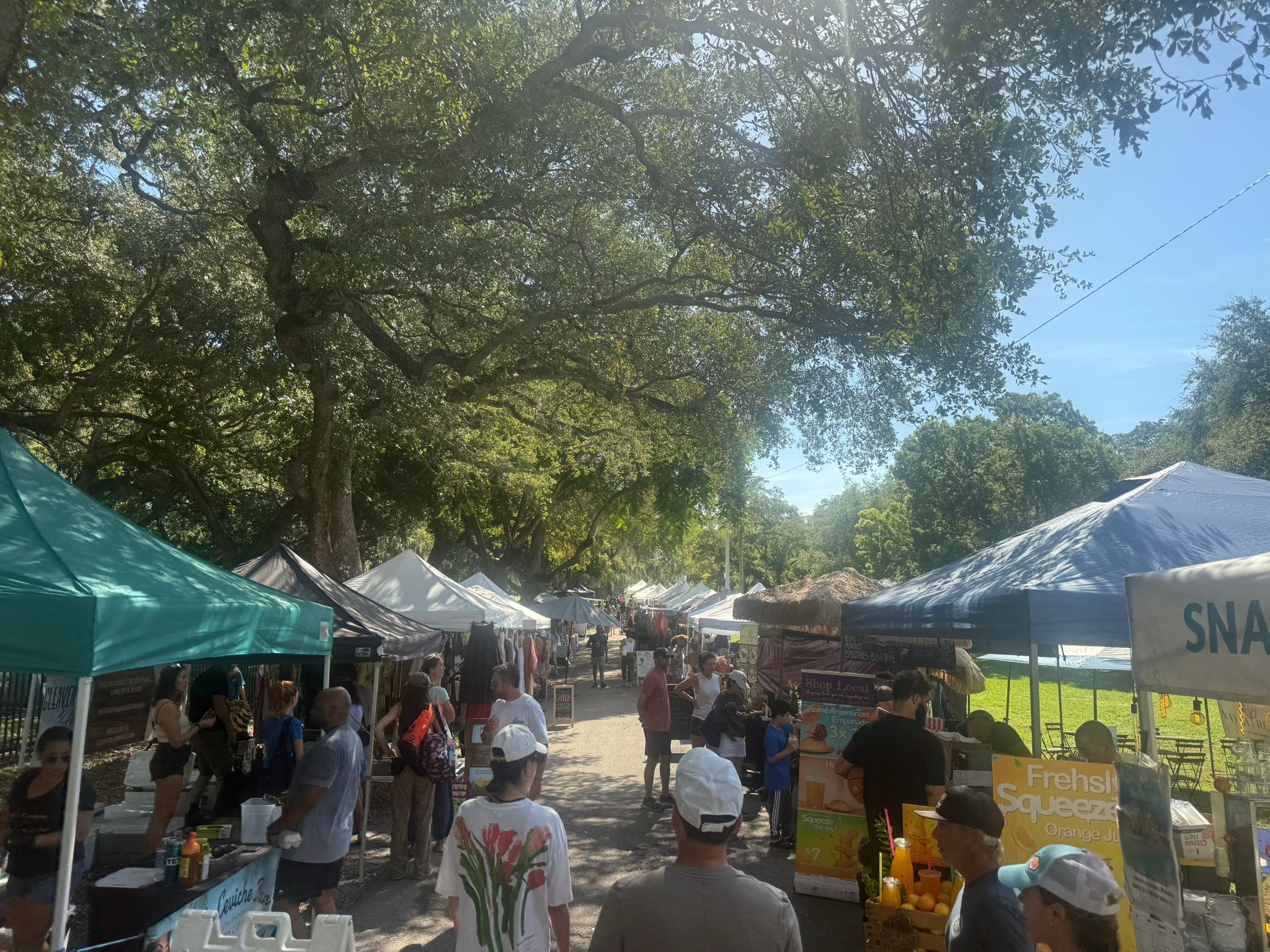 Ceviche and fresh juice stand with clothing vendors