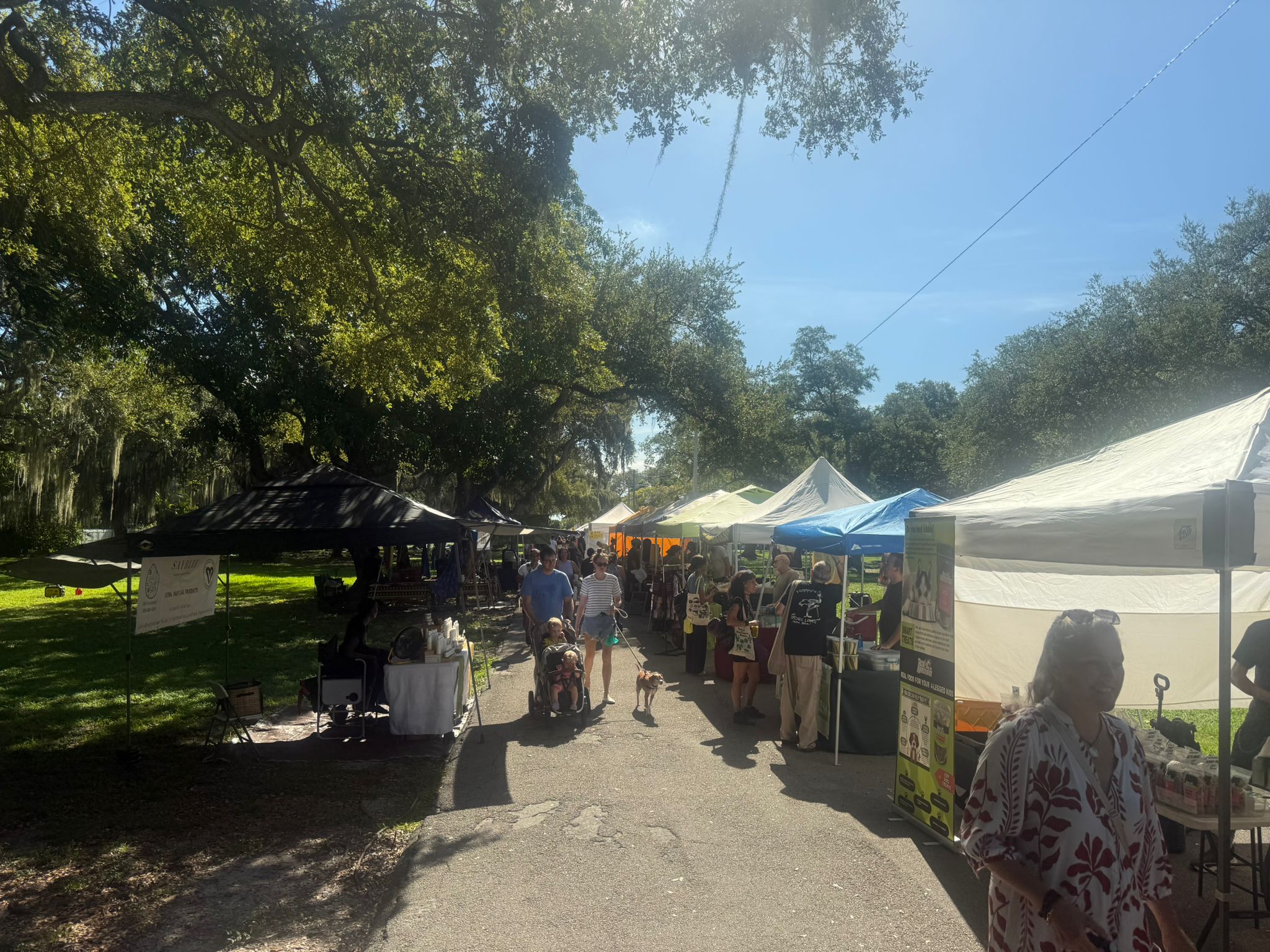 Families, strollers, and dogs at the market